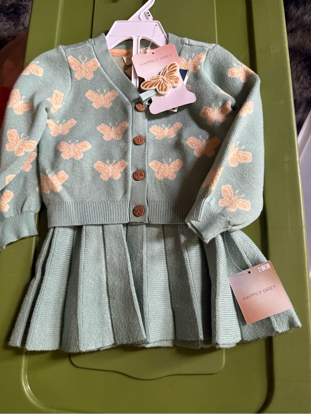 Happily Grey Girls' Mint Butterfly Knit Cardigan & Pleated Skirt Set